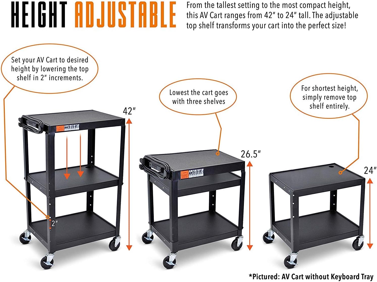 Line Leader Large AV Cart with Retractable Keyboard Tray | Height Adjustable Utility Cart | Includes Pullout Keyboard Tray & Cord Management | Easy