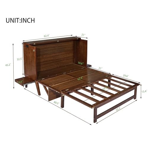 Queen Murphy Bed with Desk and Removable Shelves on Each Side, Murphy Bed Chest Murphy Bed Frame w/USB Port for Home Office, Studio or Guest Room