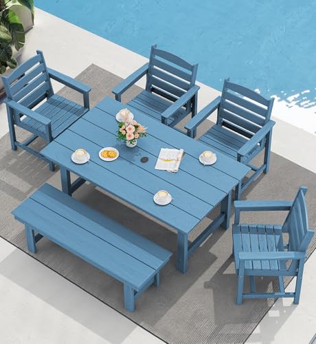 SERWALL Outdoor HDPE Dining Table Set, 7-Piece Outdoor Dining Table Sets with Umbrella Hole Cut-Out Table and 6 Chairs, Gray