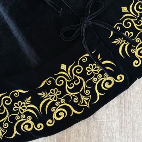 72-Inch Victorian Velvet Christmas Tree Skirt with Gold Damask Embroidery and Plush Lace Ties, Burgundy