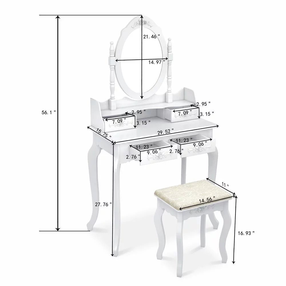 SamyoHome Vanity Table Set, Makeup Dressing Table with Mirror, Vanity Desk with Cushioned Stool 4 Drawers, White