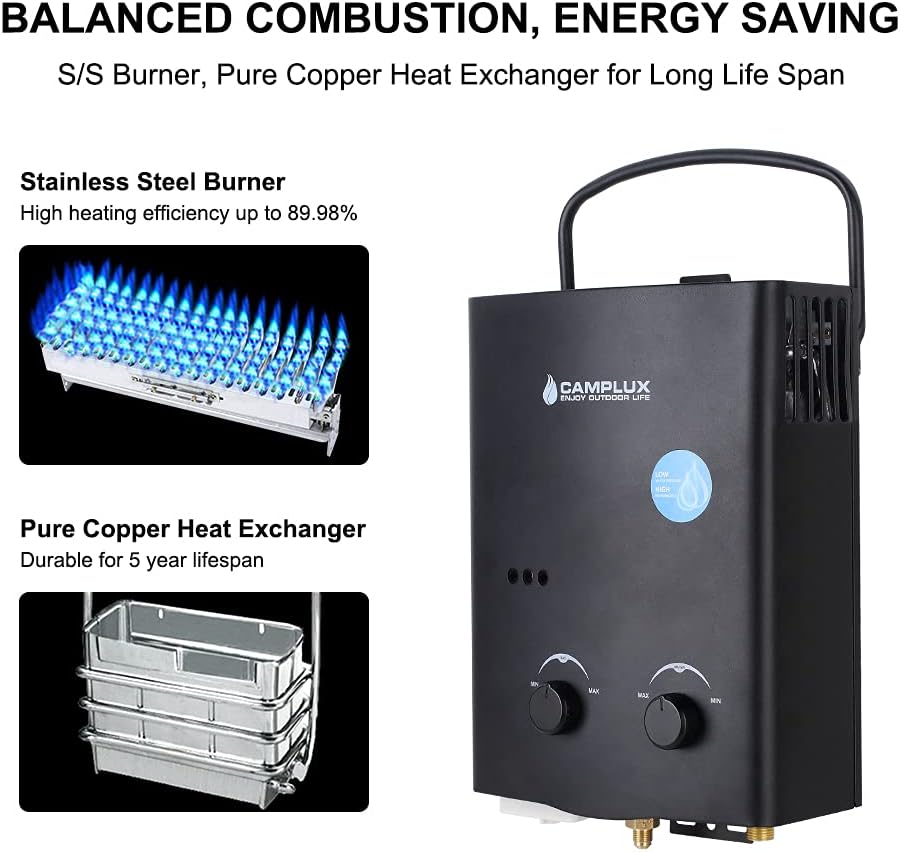 Camplux 1.32 GPM Outdoor Propane Portable Tankless Water Heater with Portable Handle, Black