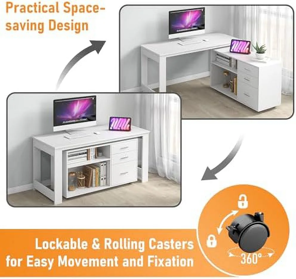 White L Shaped Desk with Drawers  Corner Desk with 3 Drawers and 2 Shelve  Executive Desk with  File Cabinet for  Office Workstation  Bedroom  55 inch