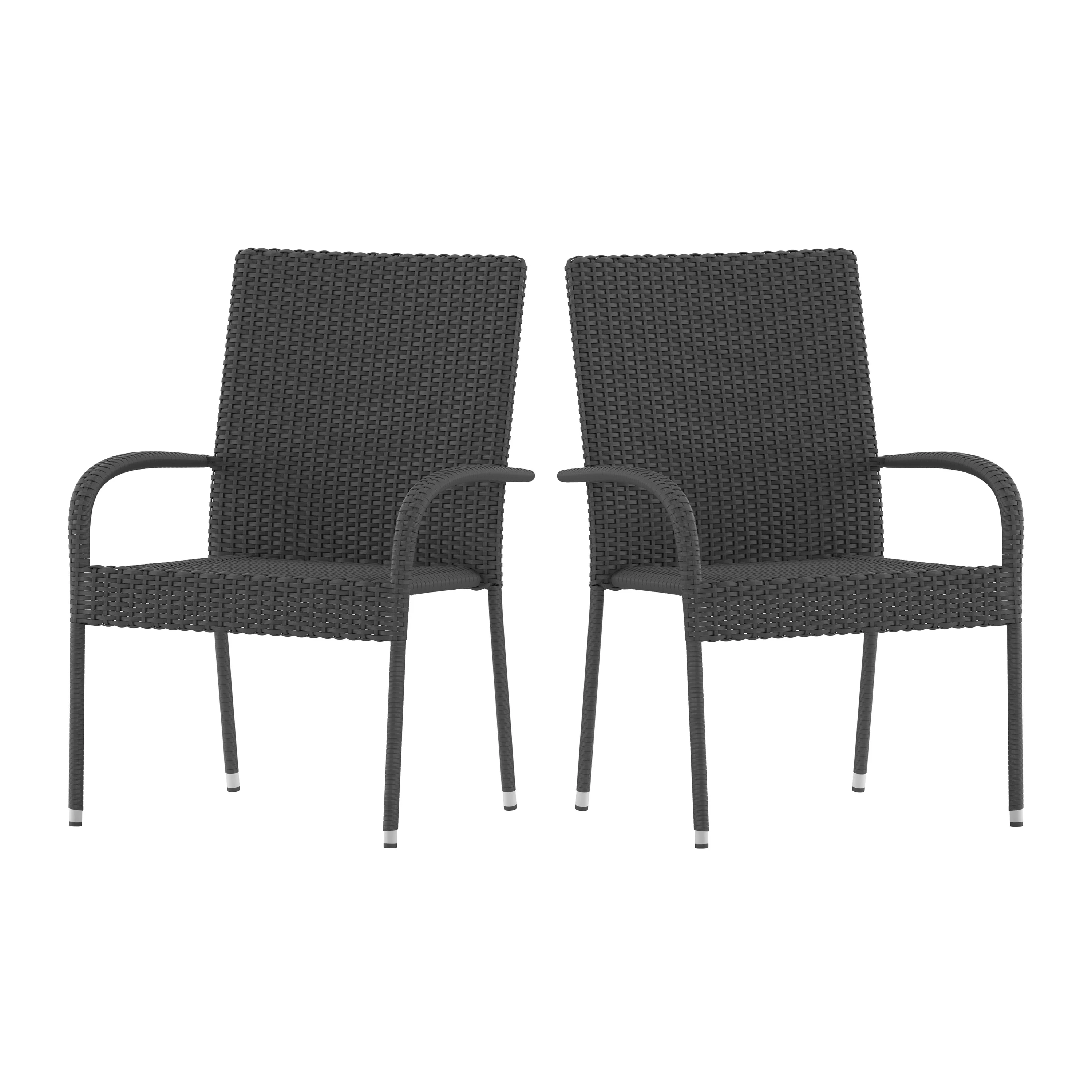 Emma + Oliver Stacking All-Weather Gray Wicker Wrapped Powder Coated Steel Patio Club Chair for Indoor and Outdoor Use - Set of 2