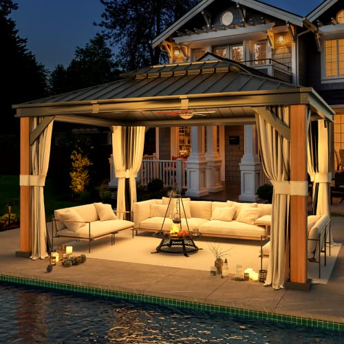 EROMMY 12'x20' Hardtop Gazebo Double Roof Galvanized Steel Canopy Outdoor Aluminum Frame Permanent Metal Pavilion with Netting and Curtains for Patio
