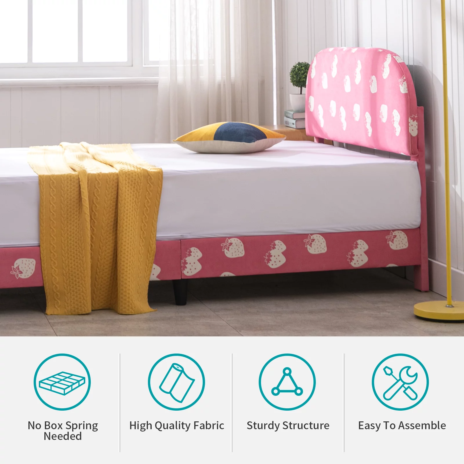 BALUS Kids Twin Bed Frame, Smooth Curved Upholstered Headboard and Footboard, Strawberry Patterns Design, Children's Protective, Easy Assembly, Pink