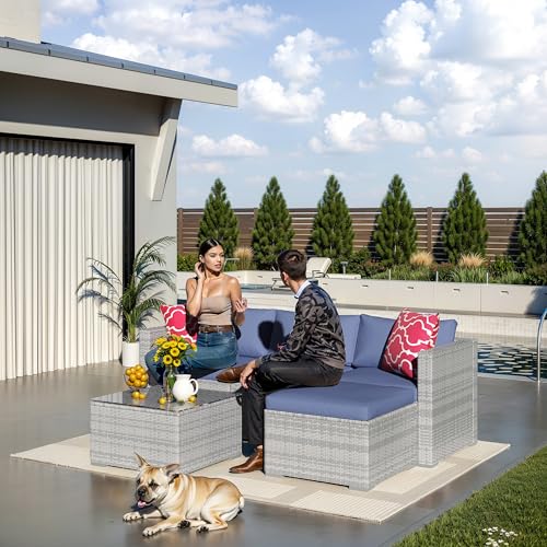 6 Piece Outdoor Patio Furniture Set with Coffee Table, Rattan Deck Conversation Sofa Set