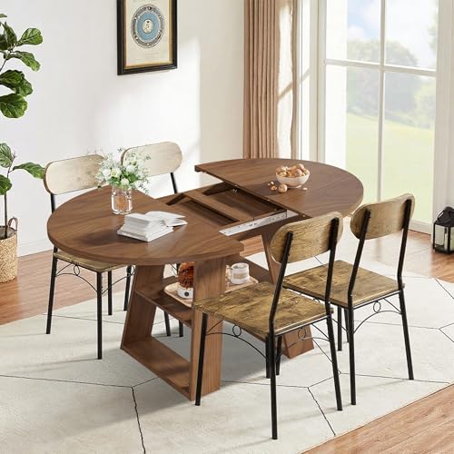 43.3in-59in Extendable Round Dining Table for 4-8,Modern Kitchen Oval Dining Table with Removable Leaves Space Saving