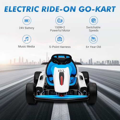 24V Electric Go Kart, Drifting Car Battery Powered Ride on Car with Powerful Motor for Kids 6-12 Years Old, Kids Go Kart with Slow Start, Music