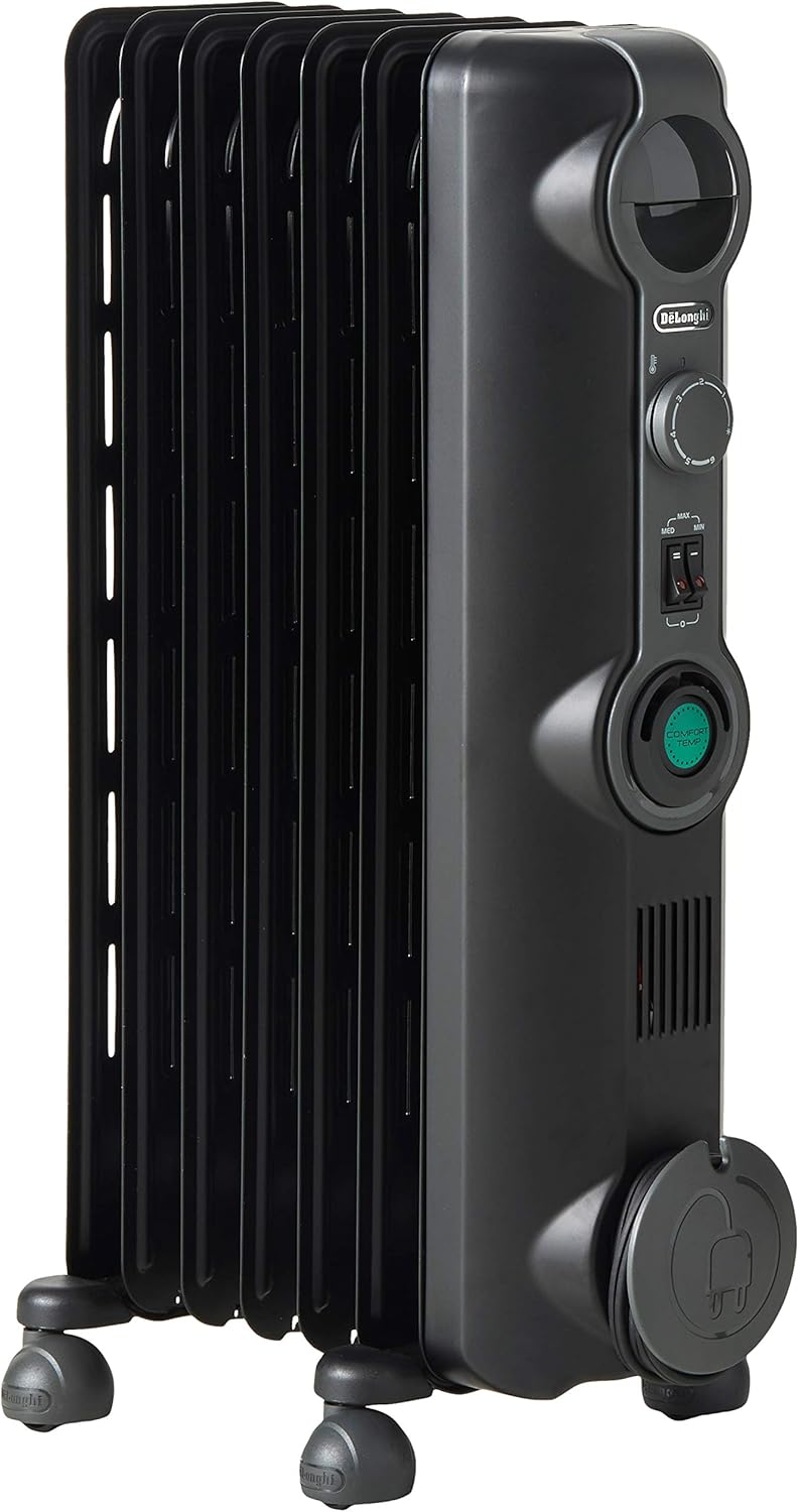 DeLonghi, Quiet 1500W, Adjustable Oil-Filled Radiator Space Heater, 14" w x 6" d x 25" h, Black
