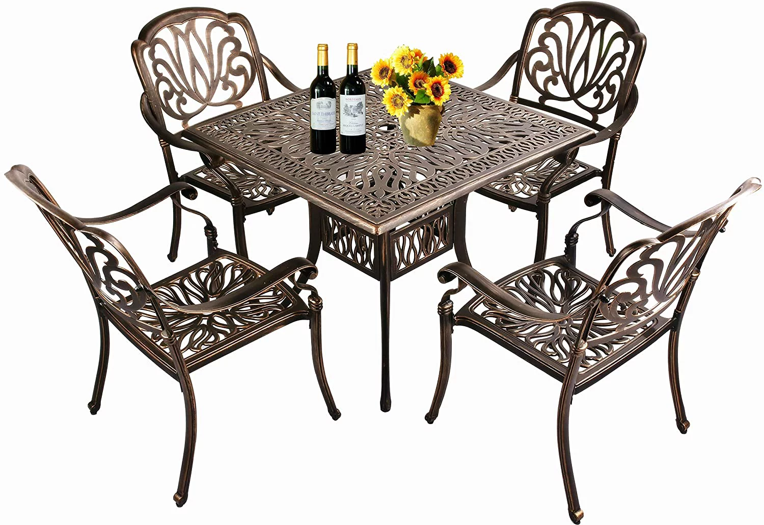 Magic Union 5-Piece Outdoor All-Weather Cast Aluminum Furniture Dining Set, Conversation Set with Umbrella Hole for Patio Garden Deck