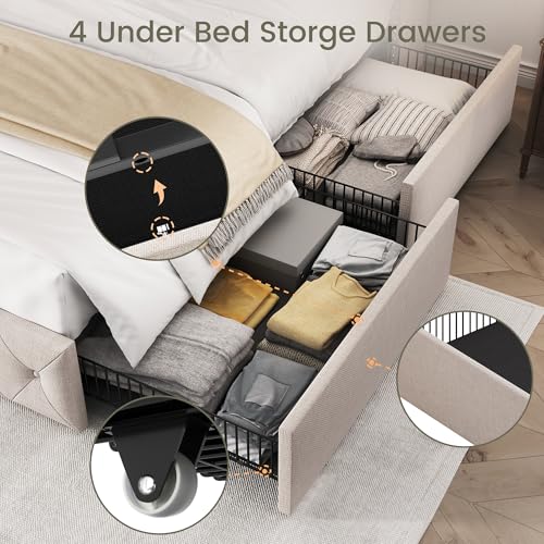 King Size Bed Frame with 4 Storage Drawers and Tufted Headboard Linen Upholstered Platform Bed Frame Wingback Beds with Wooden Slats Support