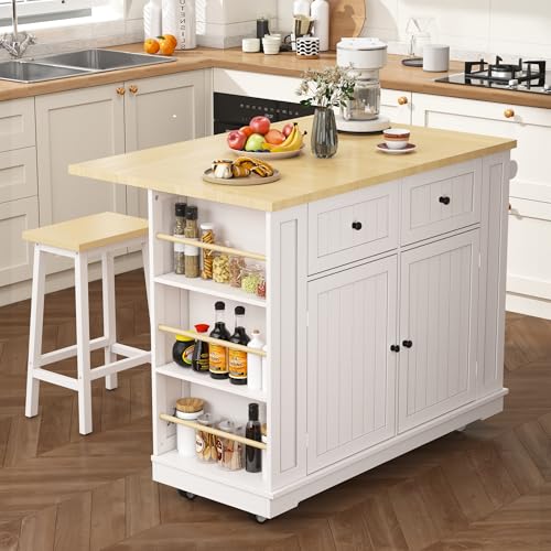 Kitchen Island with Drop Leaf & Power Outlet, Rolling Kitchen Islands Cart with 5 Open Storage Shelves & Towel Rack