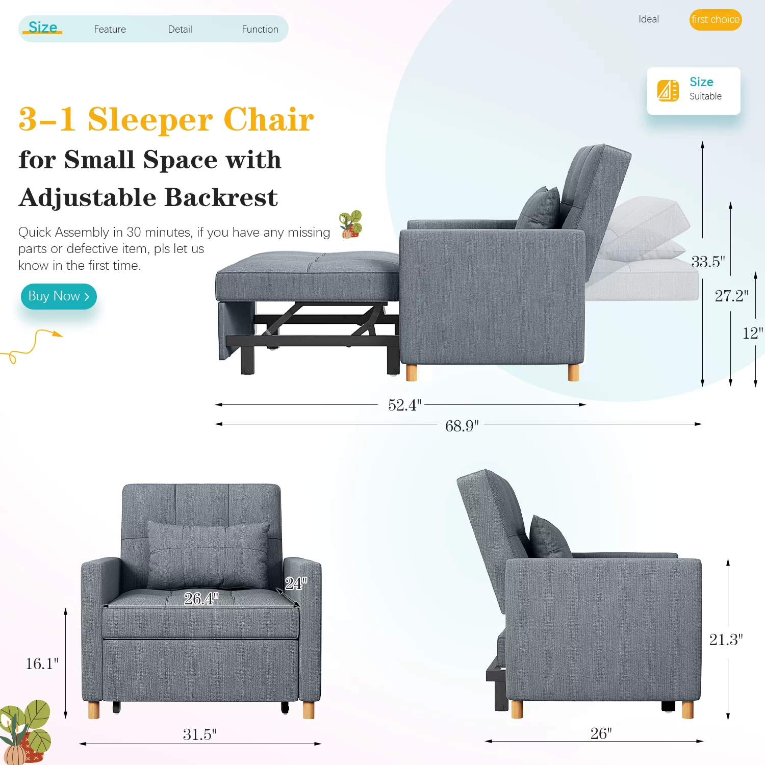YODOLLA Sleeper Sofa Chair 3 in 1 Sleeper Chairs for Adults Pull Out Chair Bed Sleeper with Extra Pillow and Convertible Backrest Multi-Functional