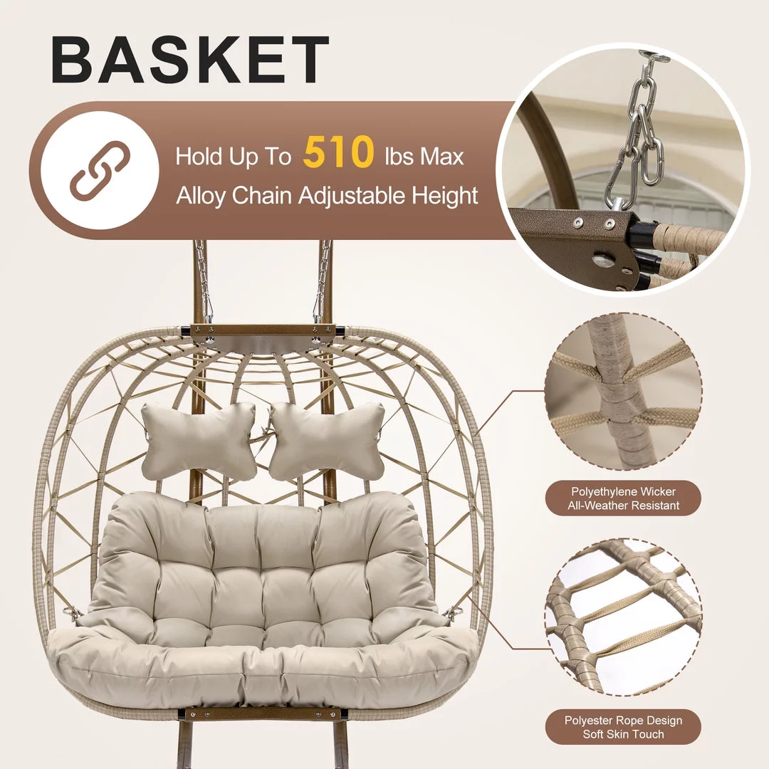 NICESOUL Beige Double Egg Chair With Stand, Wicker Luxury Patio Loveseat For Two Persons, 500 lbs Max weight - Radiant Selections