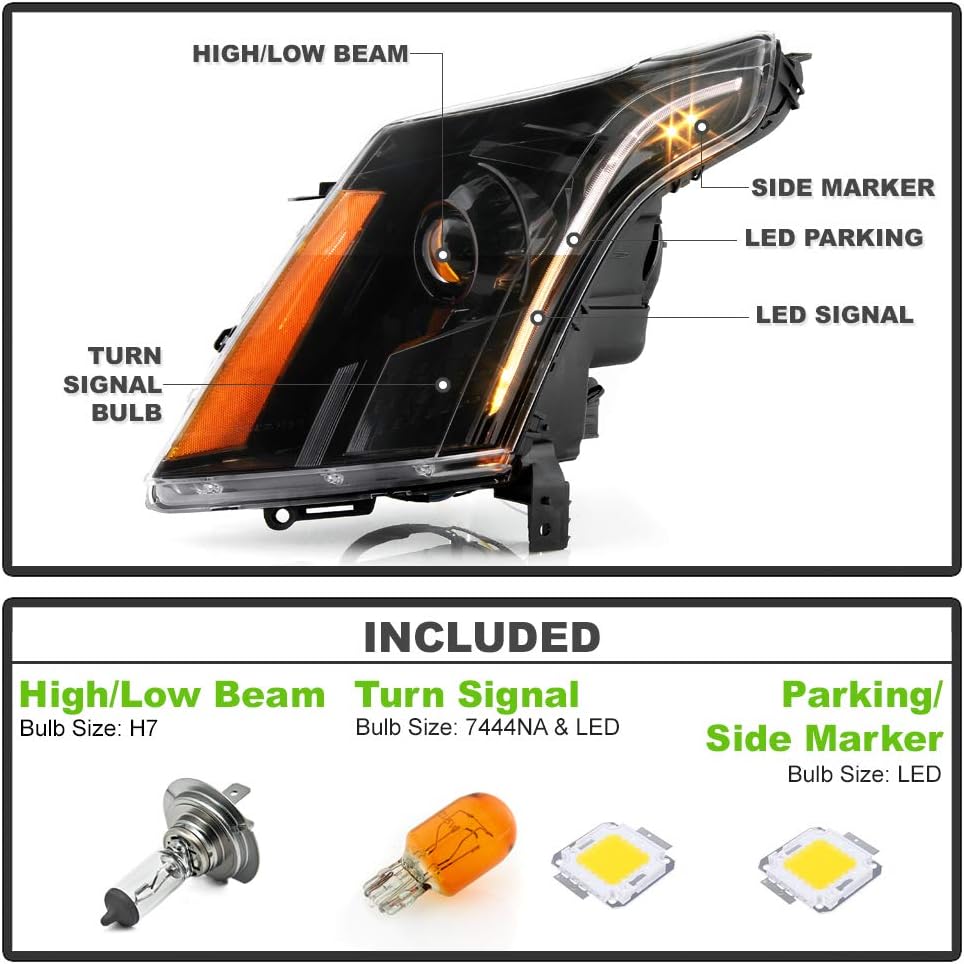 ACANII - For [Halogen Model] 2010-2016 Cadillac SRX Black Housing Projector Headlights w/LED Tube Switch Back Signal Set