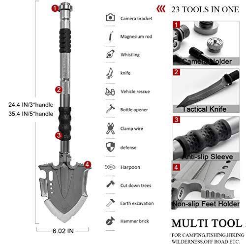 Zune Lotoo Outdoor Camping 29.7 inch Stainless Steel Survival Shovel, Gray