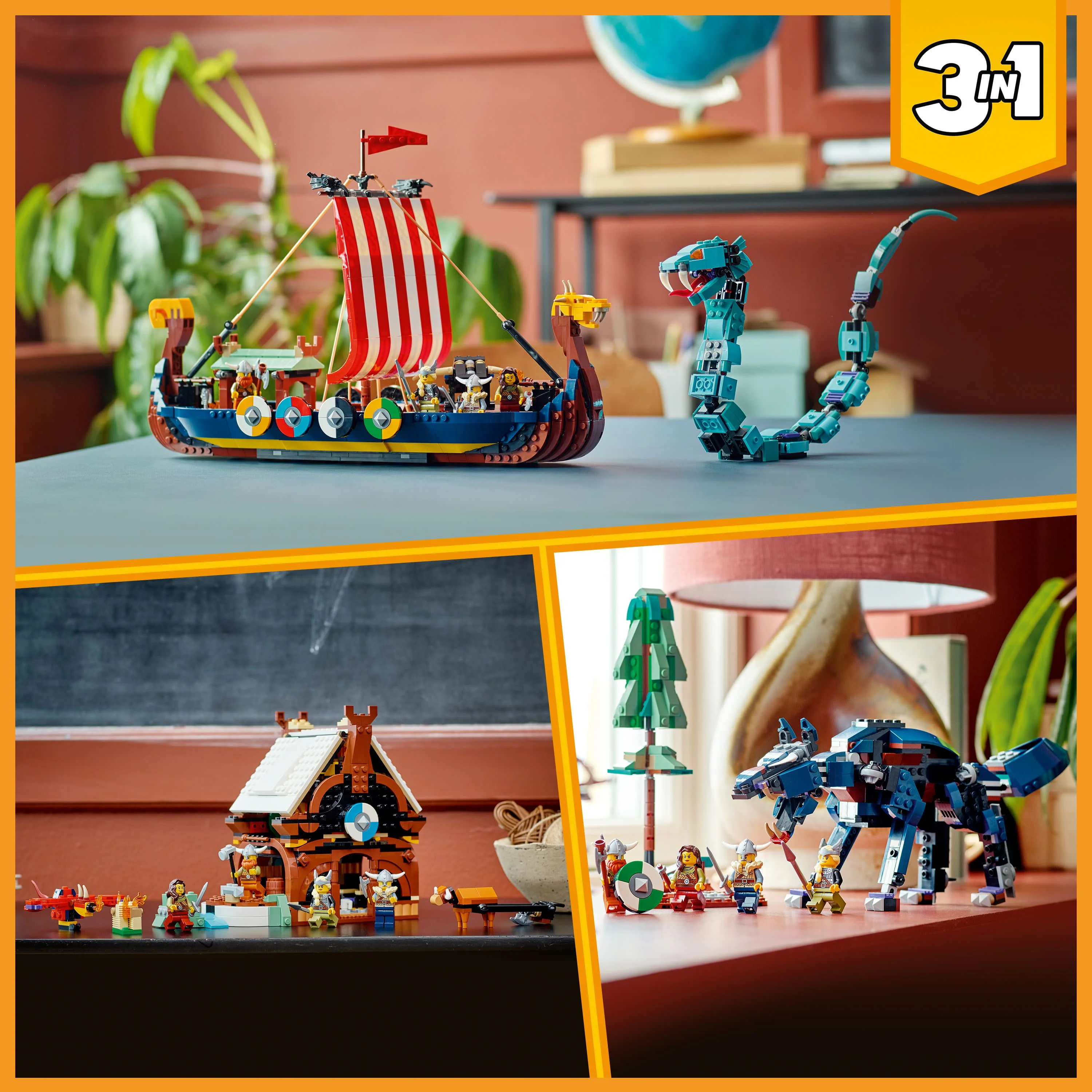 LEGO Creator 3 in 1 Viking Ship and the Midgard Serpent, Transforms from Amazing Ship to Viking House or Fenris Wolf Figure, Gifts for Kids, Boys