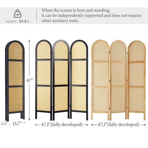 Room Divider and Folding Privacy Screens, Pine Wood 5.6 Ft Double Hinged Rattan Partition Freestanding Wall Room Divider for Home - 3 Panels
