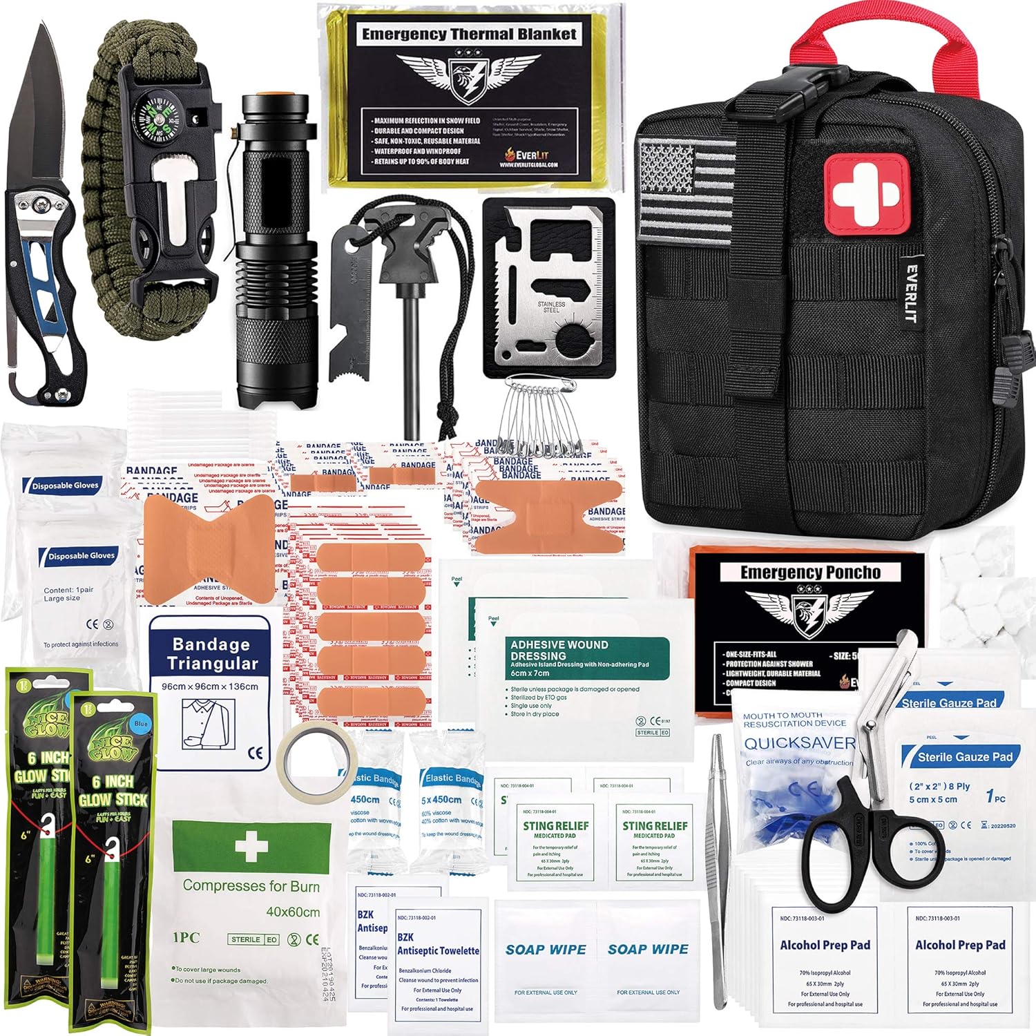 EVERLIT 250 Pieces Survival First Aid Kit IFAK Molle System Compatible Outdoor Gear Emergency Kits Trauma Bag for Camping Boat Hunting Hiking Home