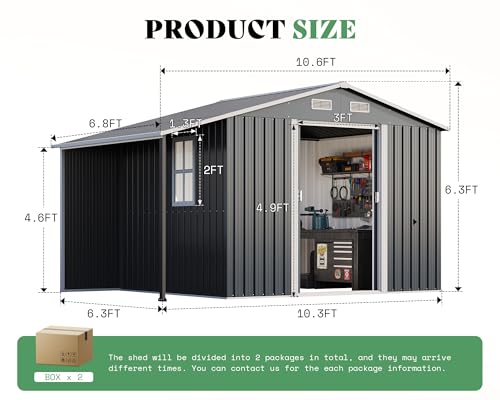 Jocisland 10.6x10.3x6.3 FT Outdoor Storage Shed with Sliding Doors & Two 4-Pane Windows, Open Outdoor Shed for Wood Storage, Dark Grey/White