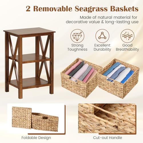 Giantex 2-Tier Nightstand with Wicker Baskets Set of 2, Wooden X-Design Side Table End Table, Beside Table with Acacia Wood Legs