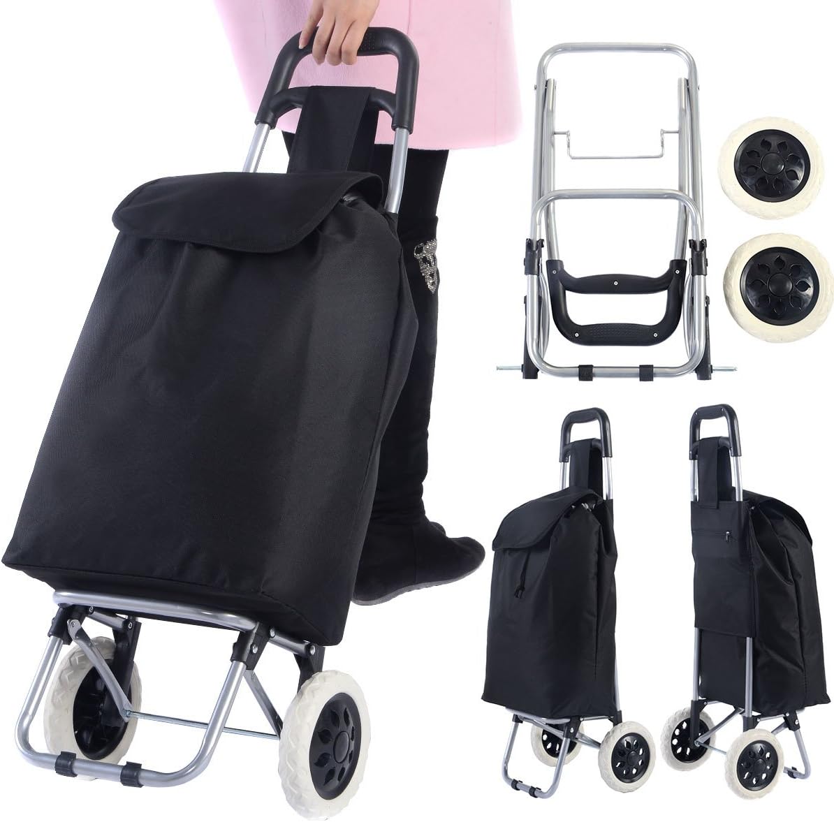 Giantex Shopping Cart Trolley Grocery Carts Heavy Duty with Wheels Foldable Removable Push Bag Condo Apartment Picnic Beach Travel Pull Utility