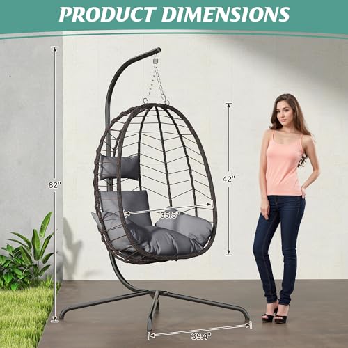 Hanging Egg Chair with Stand, Swinging Egg Chair Outdoor Indoor, Hanging Basket Chair with Cushion