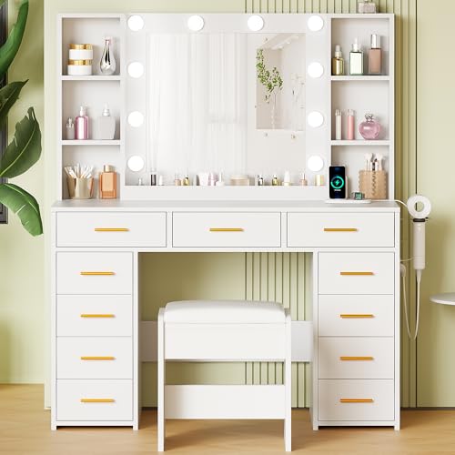 ANWBROAD White Vanity Desk with Mirror and Lights Makeup Vanity Desk with Power Outlet 11 Drawers 9 Shelves Hair Dryer Stand 3 Color Lighting Modes