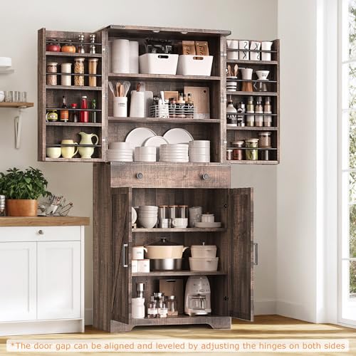 72" Tall Farmhouse Kitchen Pantry Cabinet, Large Storage Cabinet with 6 Adjustable Shelves, 4 Barn Doors & Drawer for Bathroom, Dining Room, Brown