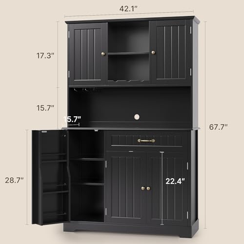 Gizoon 67.7" Kitchen Pantry Cabinet with Microwave Shelf Tall Coffee Bar Cabinet with Storage Kitchen Hutch with Countertop for Dining Room and Craft