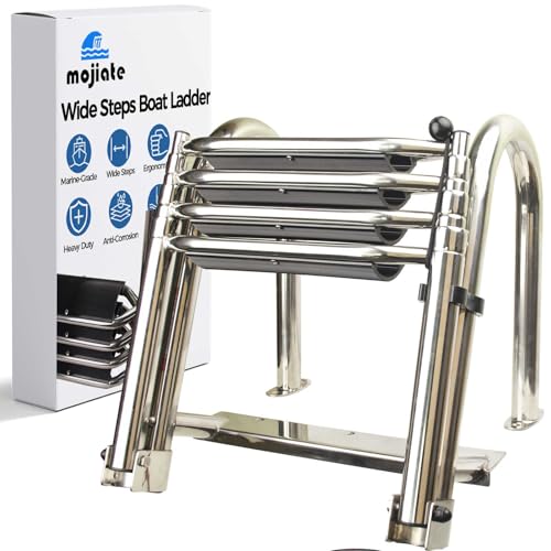 4-Step Heavy-Duty Stainless Steel Pontoon Boat Ladder with Extra Wide Steps & Handrails | Telescoping Folding Rear Entry Ladder, 600lbs Capacity
