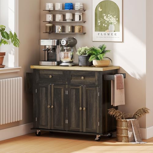 HOMCOM Kitchen Island on Wheels, Rolling Cart with Rubberwood Top, Spice Rack, Towel Rack and Drawers for Dining Room, Navy Blue