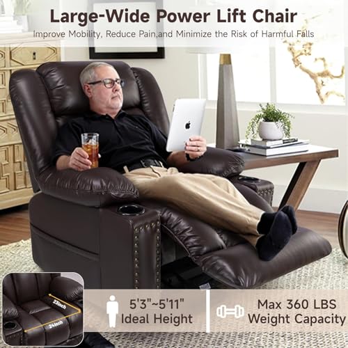 Large Power Lift Chairs Recliners for Elderly with Heated and Massage, Overstuffed Adjustable Lift Chairs, 3 Positions, Breathable Leather