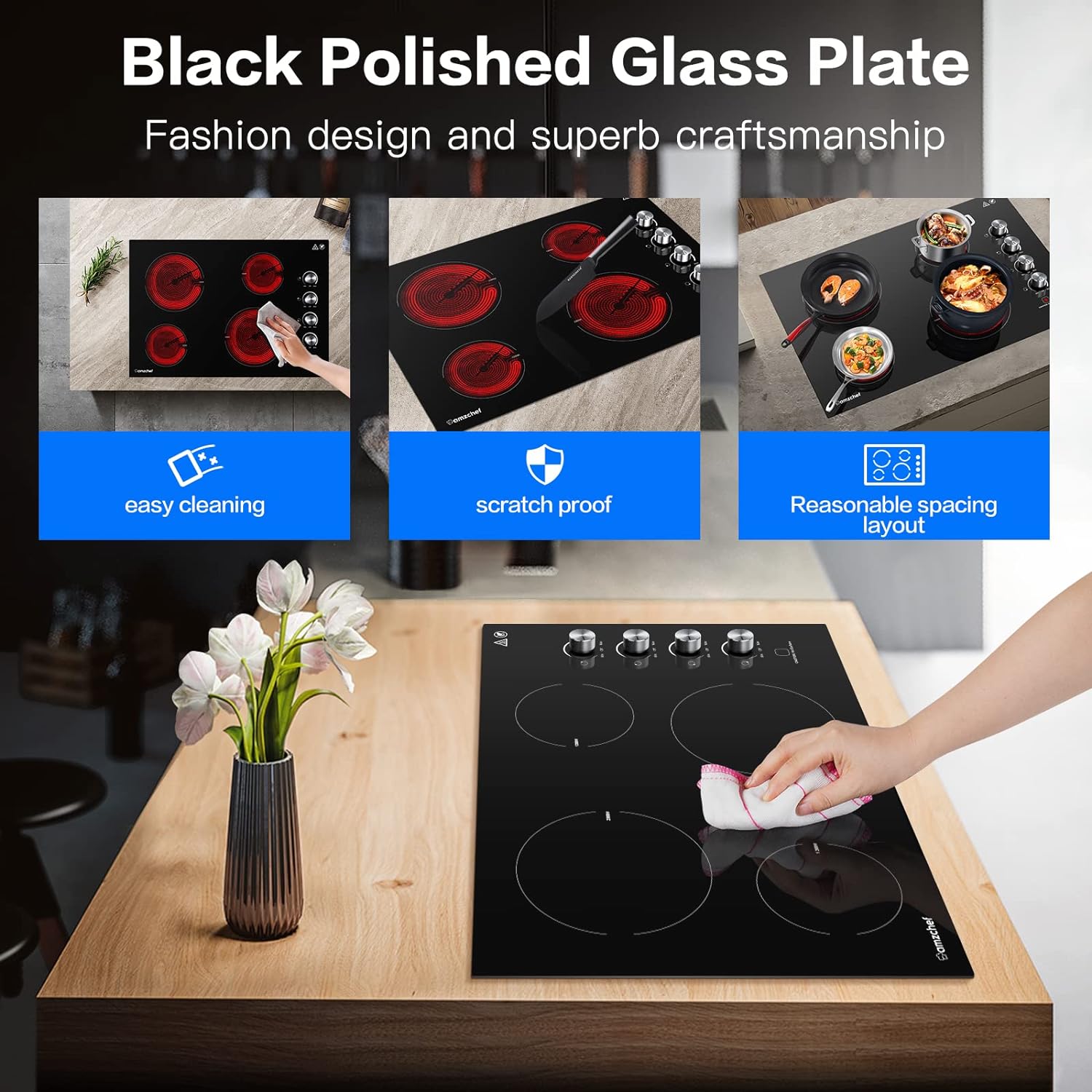 AMZCHEF Electric Cooktop 30 Built-in Electric Burner with 4 Burners, ETL Safety Certified, Power Control by Knob