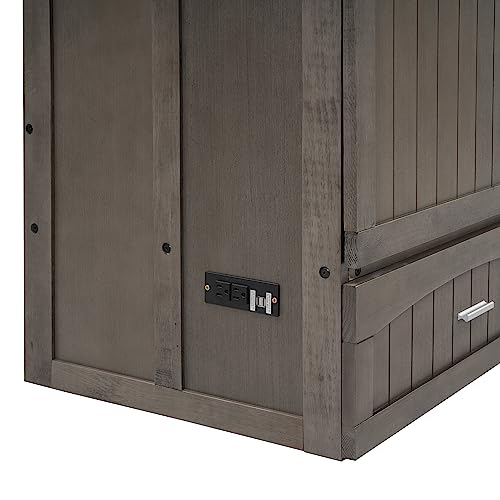 Queen Size Solid Pine Murphy Bed Chest,Cabinet Hideaway Bed with Charging Station and Large Storage Drawer,Wood Wall Bed can be Folded