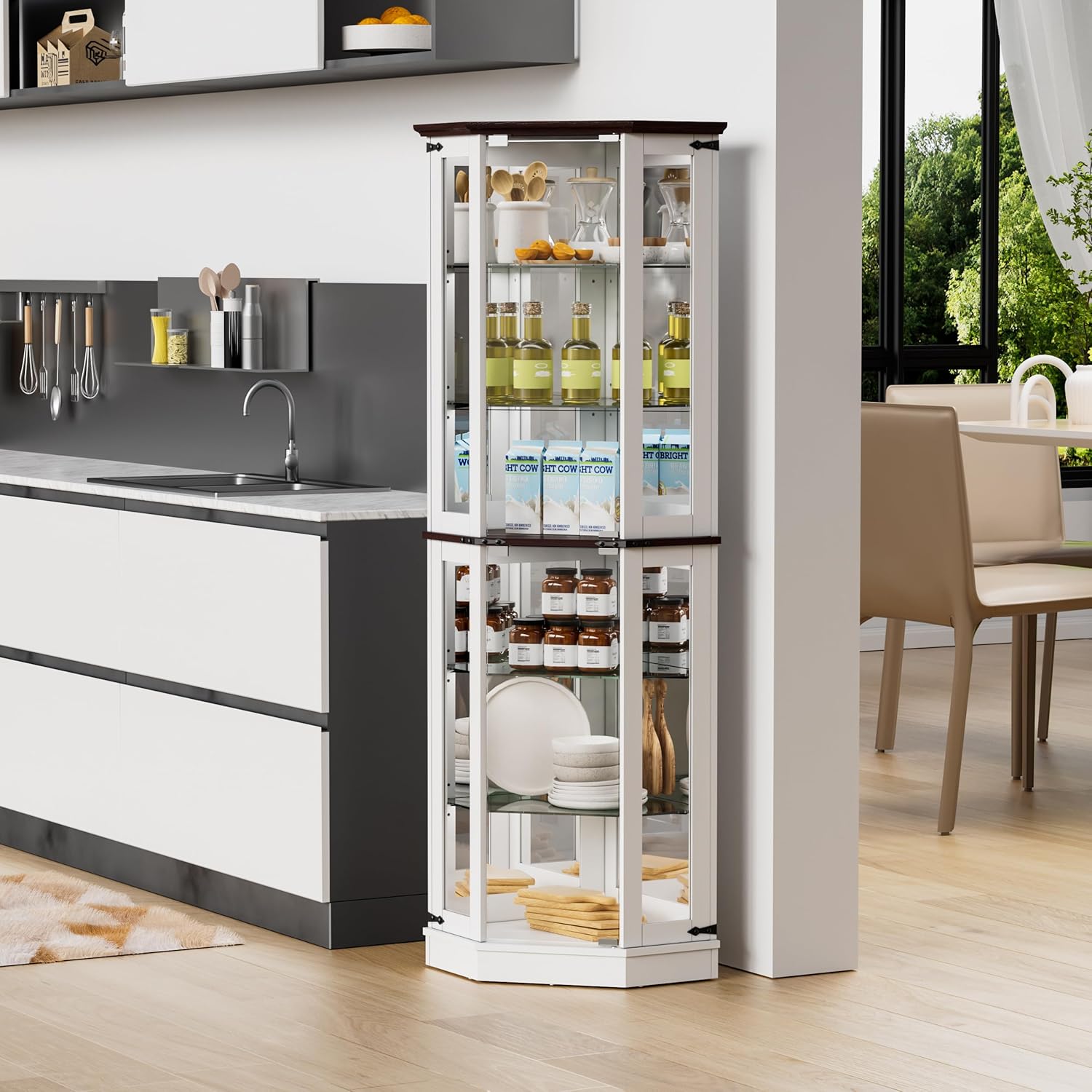 PAKASEPT 71'' Farmhouse Display Curio Cabinet with LED Lights,Tempered Glass Doors,6 Shelves