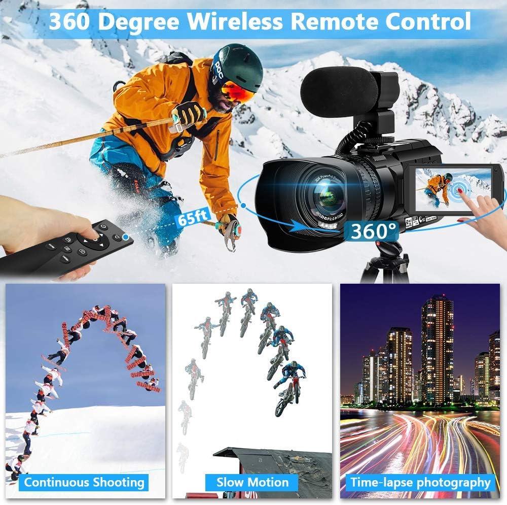 Video Camera 4K HD Auto Focus Camcorder 48MP 60FPS 30X Digital Zoom Camera for YouTube LED Function 4500mAh Battery with Handheld Stabilizer