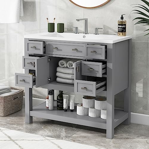 22" Small Bathroom Vanity with Sink, White Bathroom Vanity Cabinet with Ceramic Vessel Sink & Left Side Storage, Single Sink Bathroom Vanity with Top