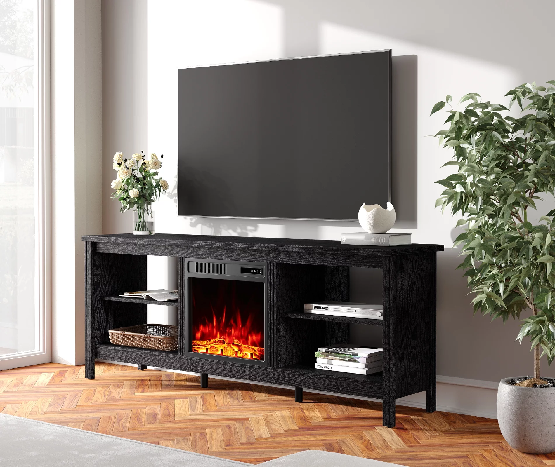 TV Stand for 75 inch TV with Electric Fireplace for Living Room, Black Entertainment Center with 4 Storage for 75 inch TV for Bedroom, 70 inch