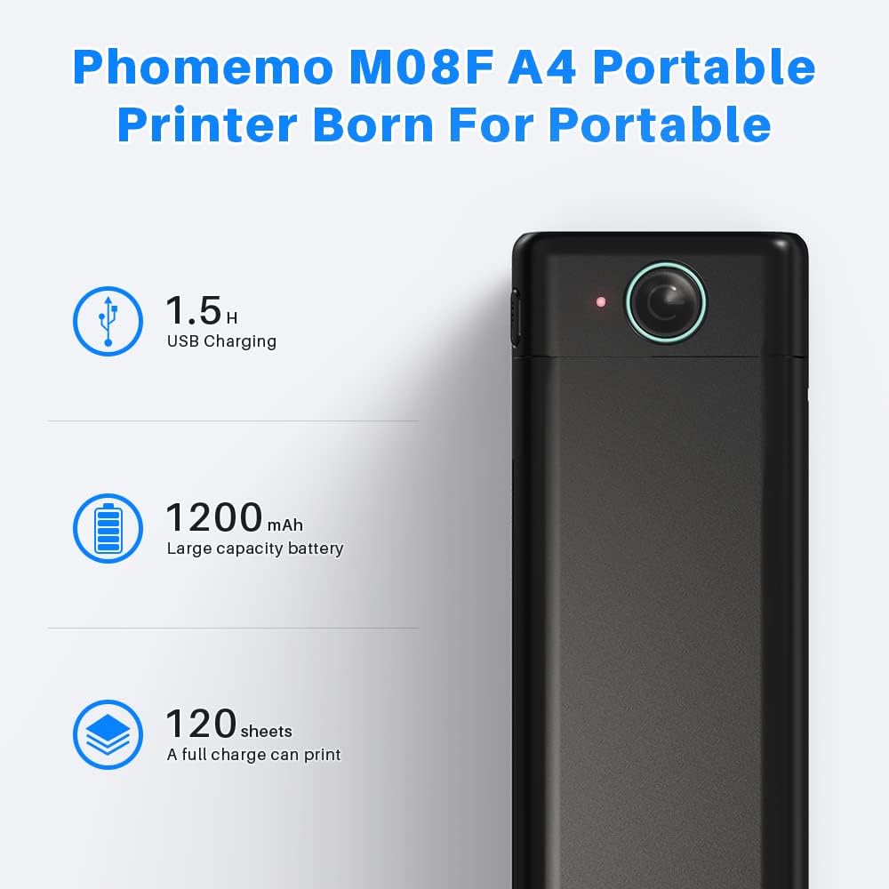 Phomemo M08F A4 Portable Thermal Printer, Supports 8.26"x11.69" A4 Thermal Paper, Wireless Mobile Travel Printers for Car & Office