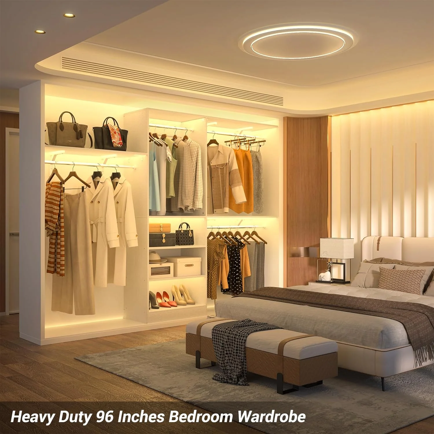 Homieasy 96'' Closet System, 8FT Walk In Closet Organizer with 3 Shelving Towers, Heavy Duty Bedroom Wardrobe with 5 Shelves