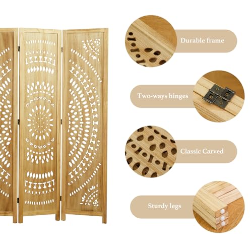 66.9Inch Folding Room Divider, 6 Panels Wood Carved Privacy Screens