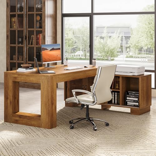 LITTLE TREE 63" L Shaped Executive Desk with Storage, Farmhouse Home Office Desk with 2-Tier Cabinets and Shelves
