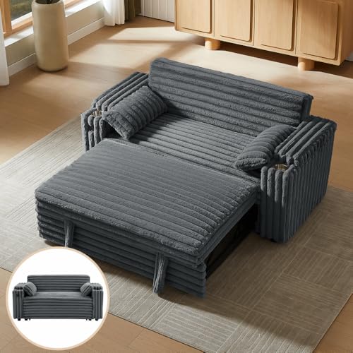 68.11" Corduroy Sleeper Chair Bed with USB Port, Cup Holders & Side Storage Pockets – 3-in-1 Foldable Sofa Bed for Guest Room, Living Room – White