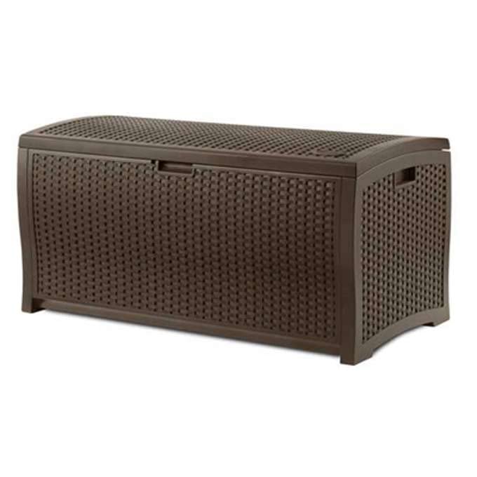 Suncast Outdoor Storage Box - 73 Gallon Mocha Brown Deck Box for Patio, Waterproof Outdoor Storage Bench, Resin Wicker Style, Heavy-Duty