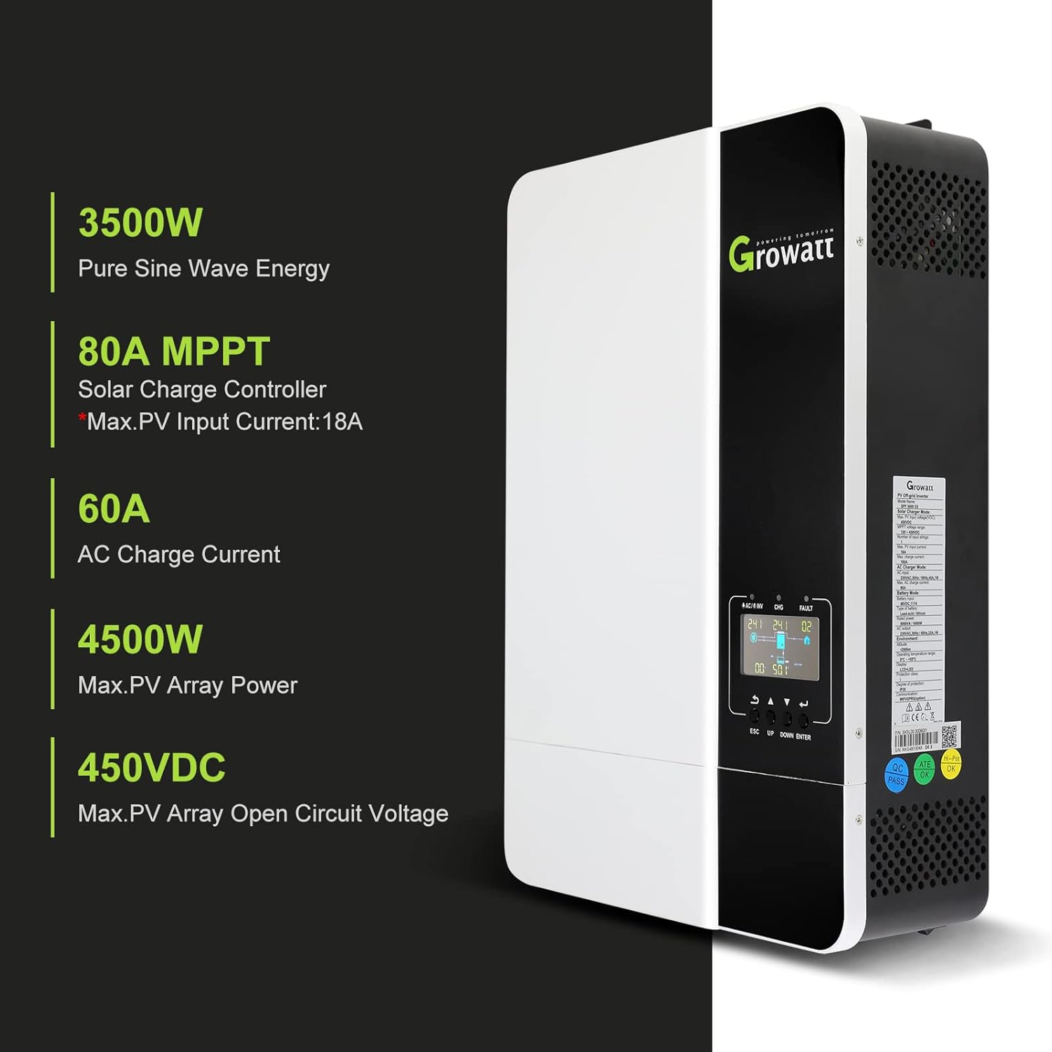 Growatt 3500W Solar MPPT Inverter 48V to 230V AC, Off Grid Hybrid Inverter Bulit in 80A Solar Controller