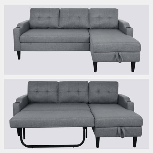 2-in-1 Design Pull Out Sleeper Sofa, Modern Upholstered L-Shaped Sofa with 2 Cup Holders & Side Storage Pocket