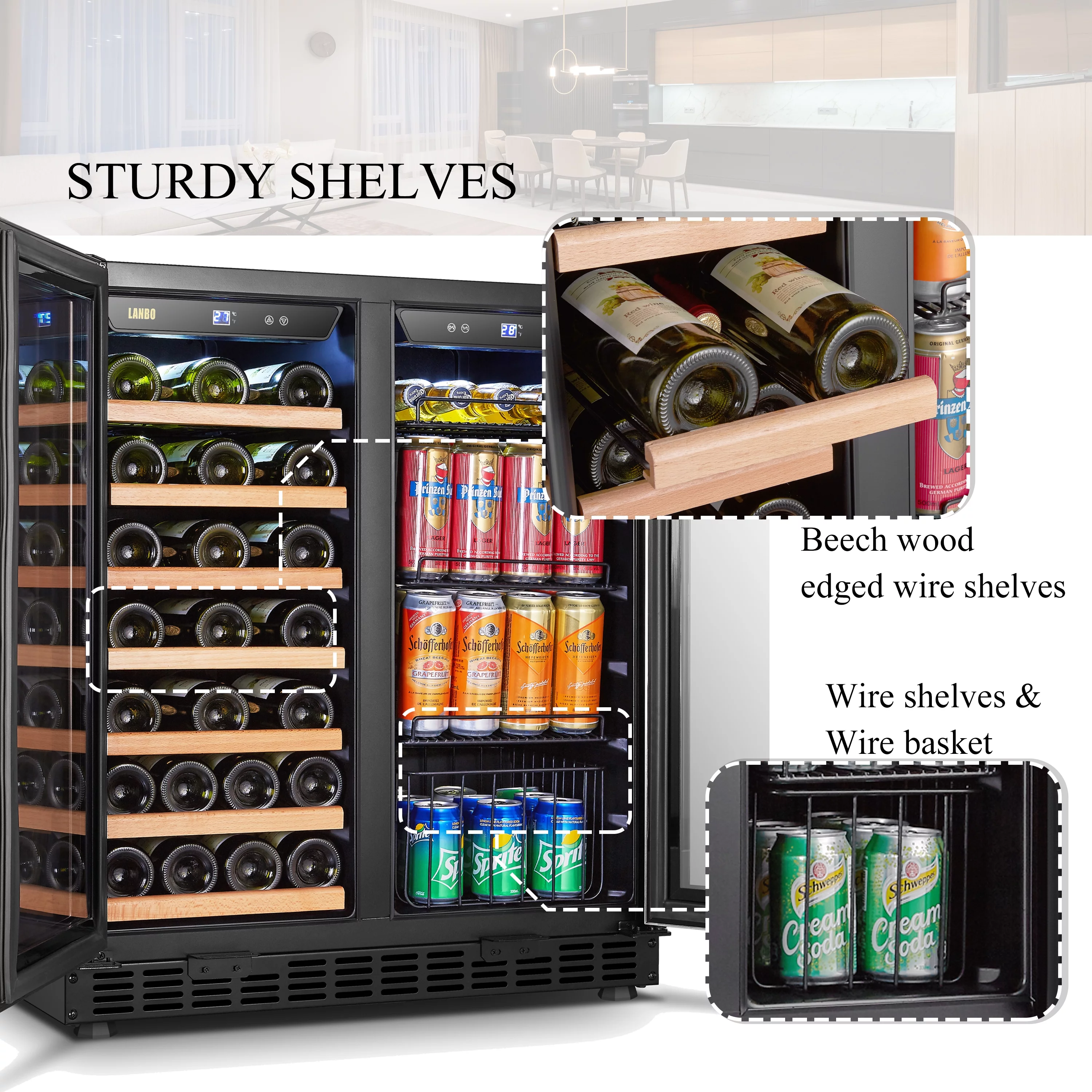 Lanbo 70 Can 33 Bottle Under Counter Dual Zone Wine Refrigerator and Beverage Cooler 30 inch Width