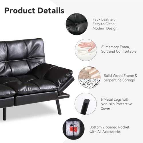 71" Convertible Futon Sofa,Faux Leather Futon Couch Bed,Sleeper Sofa Bed,Memory Foam Modern Folding Small Loveseat for Living Room,Office,Apartment